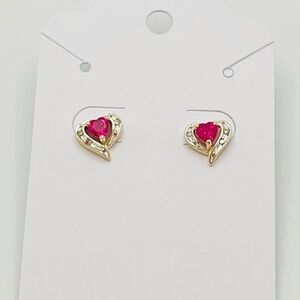 14K Yellow Gold Ruby & Diamond Heart Shape Prong Set Stud Earrings